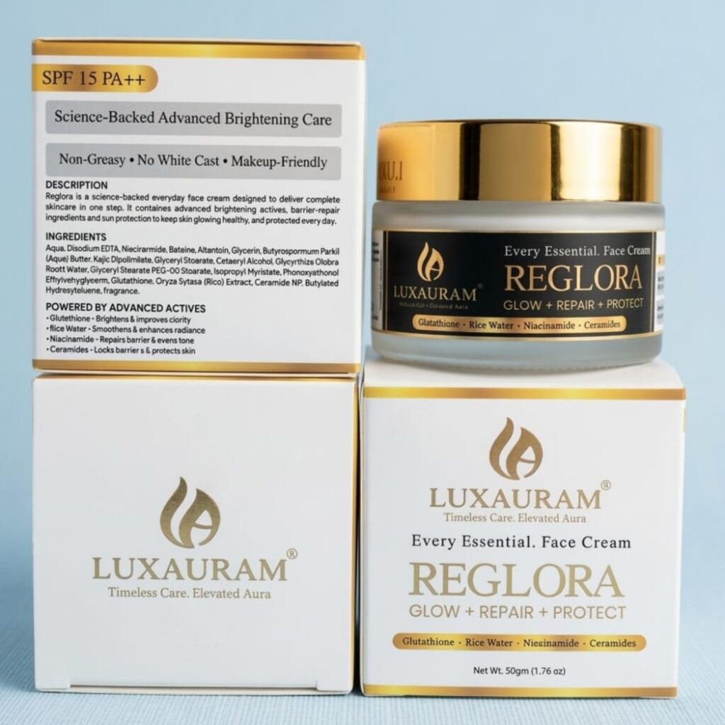 Reglora prod packaging “Luxauram Reglora premium skincare cream jar and box packaging”