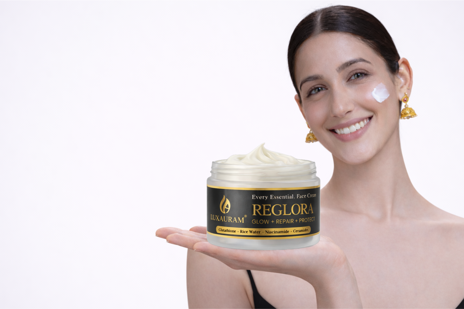 Luxauram hero banner showing skincare hero product REGLORAproducts